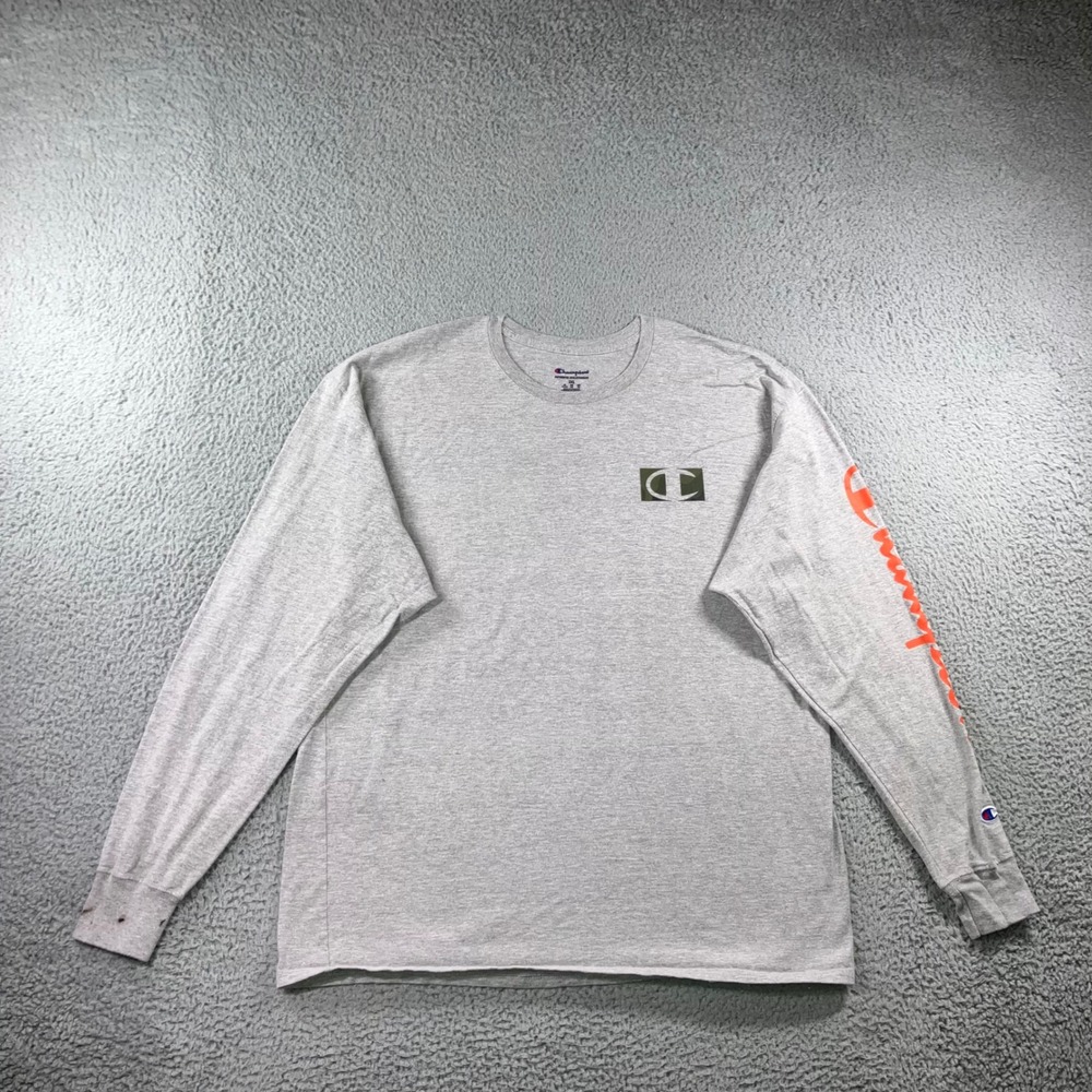 Champion L/S Tee Mens 2XL Grey Y2K Retro Relaxed Sporty Camo Logo Graphic Grunge